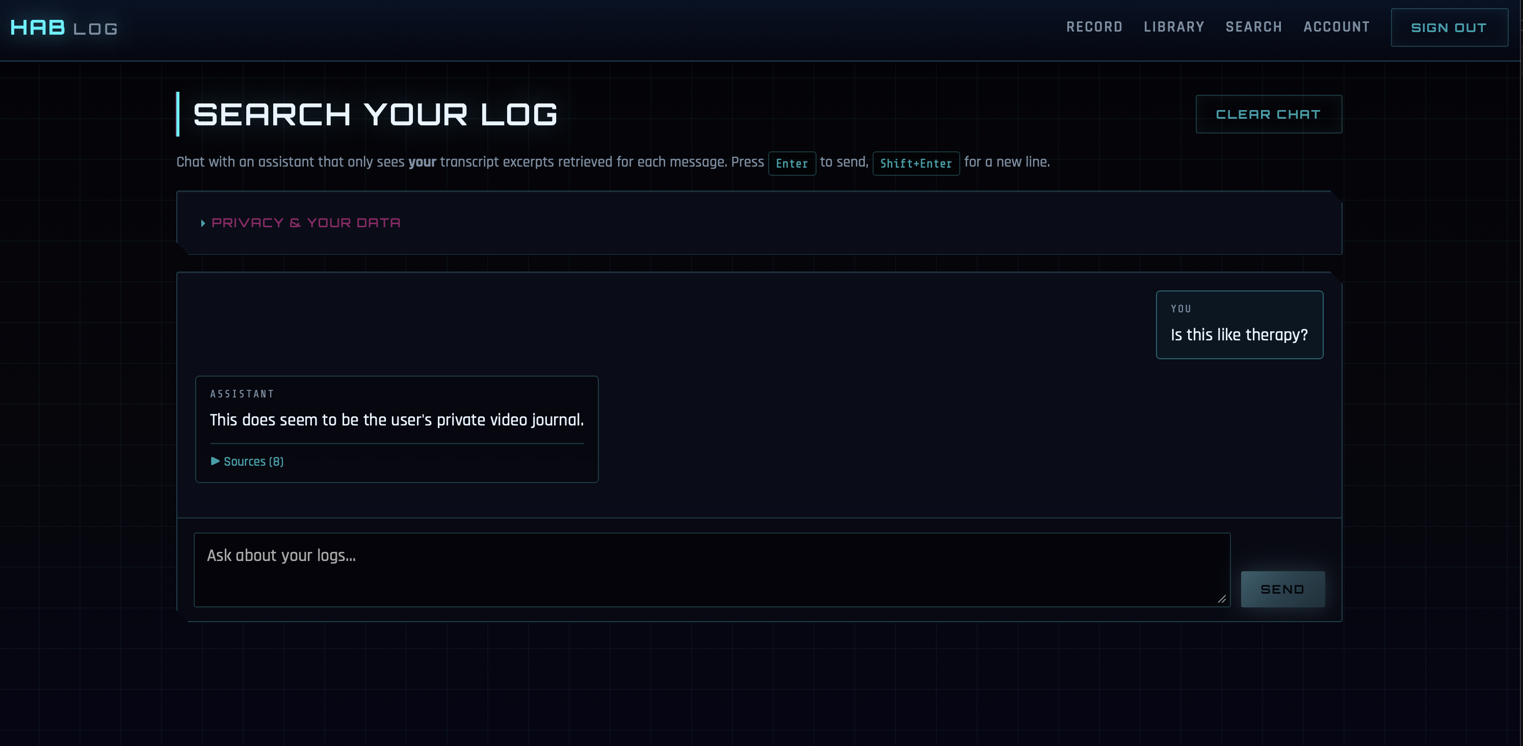 HAB Log — search screen